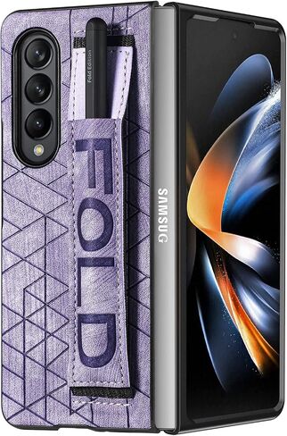Omio Designed for Samsung Galaxy Z Fold 3 Leather Case with S Pen Holder & Strap, Wrist Strap Leather Back Cover Hard PC Shockproof Finger Grip Case for Galaxy Z Fold 3 Men Women Girls, Purple in Kuwait