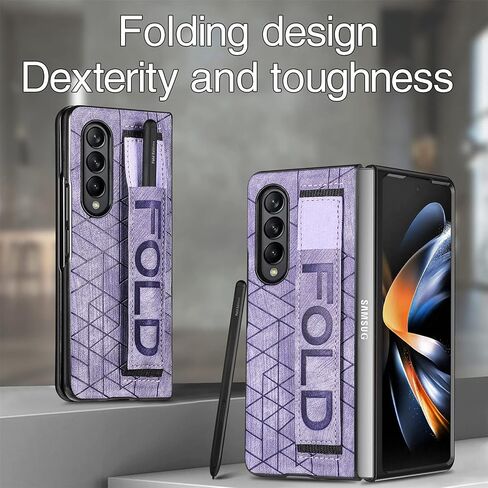 Omio Designed for Samsung Galaxy Z Fold 3 Leather Case with S Pen Holder & Strap, Wrist Strap Leather Back Cover Hard PC Shockproof Finger Grip Case for Galaxy Z Fold 3 Men Women Girls, Purple in Kuwait