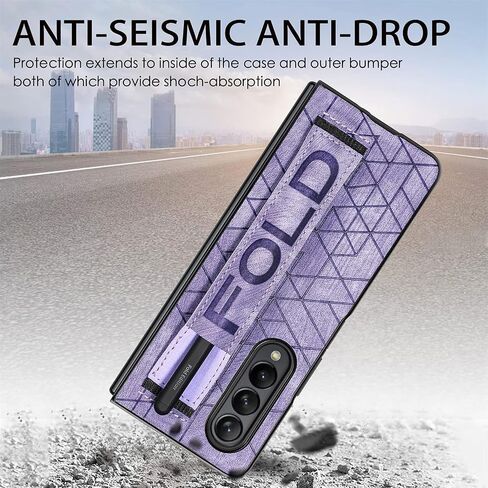 Omio Designed for Samsung Galaxy Z Fold 3 Leather Case with S Pen Holder & Strap, Wrist Strap Leather Back Cover Hard PC Shockproof Finger Grip Case for Galaxy Z Fold 3 Men Women Girls, Purple in Kuwait