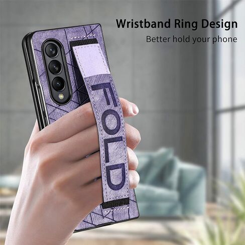 Omio Designed for Samsung Galaxy Z Fold 3 Leather Case with S Pen Holder & Strap, Wrist Strap Leather Back Cover Hard PC Shockproof Finger Grip Case for Galaxy Z Fold 3 Men Women Girls, Purple in Kuwait