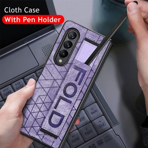 Omio Designed for Samsung Galaxy Z Fold 3 Leather Case with S Pen Holder & Strap, Wrist Strap Leather Back Cover Hard PC Shockproof Finger Grip Case for Galaxy Z Fold 3 Men Women Girls, Purple in Kuwait