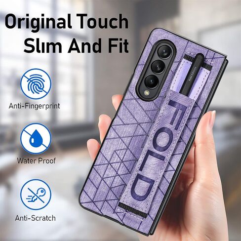 Omio Designed for Samsung Galaxy Z Fold 3 Leather Case with S Pen Holder & Strap, Wrist Strap Leather Back Cover Hard PC Shockproof Finger Grip Case for Galaxy Z Fold 3 Men Women Girls, Purple in Kuwait