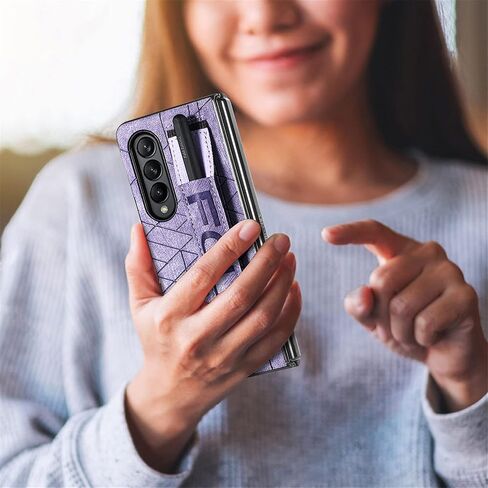 Omio Designed for Samsung Galaxy Z Fold 3 Leather Case with S Pen Holder & Strap, Wrist Strap Leather Back Cover Hard PC Shockproof Finger Grip Case for Galaxy Z Fold 3 Men Women Girls, Purple in Kuwait