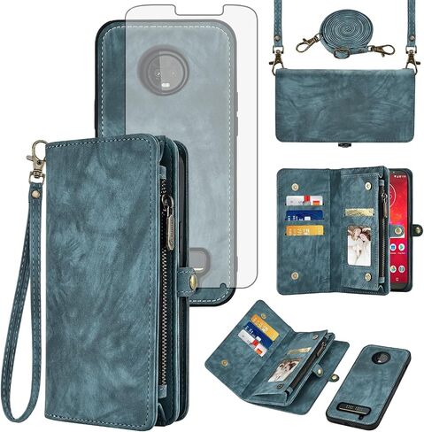 Asuwish Phone Case for Moto Z3 / Z3 Play Zipper Wallet Detachable Cell Cover with Tempered Glass Screen Protector Crossbody Strap Flip Card Holder Motorola MotoZ3 Z 3case 3 3Z Z3play Women Girls Blue in Saudi Arabia