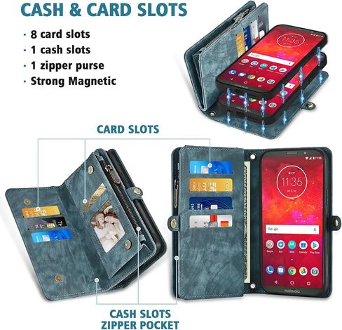 Asuwish Phone Case for Moto Z3 / Z3 Play Zipper Wallet Detachable Cell Cover with Tempered Glass Screen Protector Crossbody Strap Flip Card Holder Motorola MotoZ3 Z 3case 3 3Z Z3play Women Girls Blue in Saudi Arabia