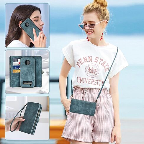 Asuwish Phone Case for Moto Z3 / Z3 Play Zipper Wallet Detachable Cell Cover with Tempered Glass Screen Protector Crossbody Strap Flip Card Holder Motorola MotoZ3 Z 3case 3 3Z Z3play Women Girls Blue in Saudi Arabia