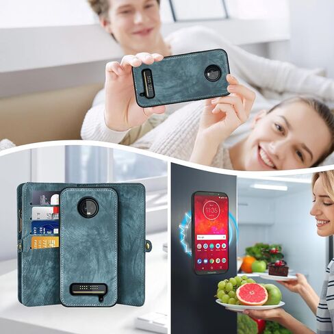 Asuwish Phone Case for Moto Z3 / Z3 Play Zipper Wallet Detachable Cell Cover with Tempered Glass Screen Protector Crossbody Strap Flip Card Holder Motorola MotoZ3 Z 3case 3 3Z Z3play Women Girls Blue in Saudi Arabia