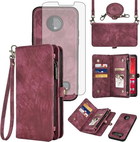 Asuwish Phone Case for Moto Z3 / Z3 Play Zipper Wallet Detachable Cell Cover with Tempered Glass Screen Protector Crossbody Strap Flip Card Holder Motorola MotoZ3 Z 3case 3 3Z Z3play Women Girls Blue in Saudi Arabia
