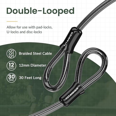 Titanker Bike Lock Cable,12mm Thick Security Cable with Loops Heavy Duty Steel Cable Vinyl Coated Bike Cable Lock Security Chain (4ft, 7ft, 15ft, 30ft) in Kuwait