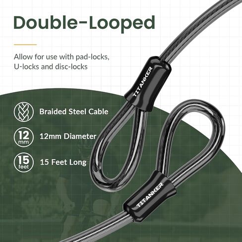 Titanker Bike Lock Cable,12mm Thick Security Cable with Loops Heavy Duty Steel Cable Vinyl Coated Bike Cable Lock Security Chain (4ft, 7ft, 15ft, 30ft) in Kuwait