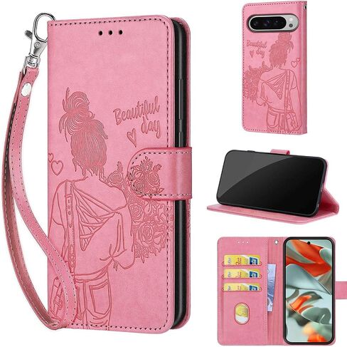 Designed for Google Pixel 9 Pro XL Case Wallet,Women Flip Folio Cover with Embossed PU Leather Stand Credit Card Holders Slots Wrist Strap Phone Case for Pixel 9 Pro XL 6.8 inch (Pink Girl) in Saudi Arabia