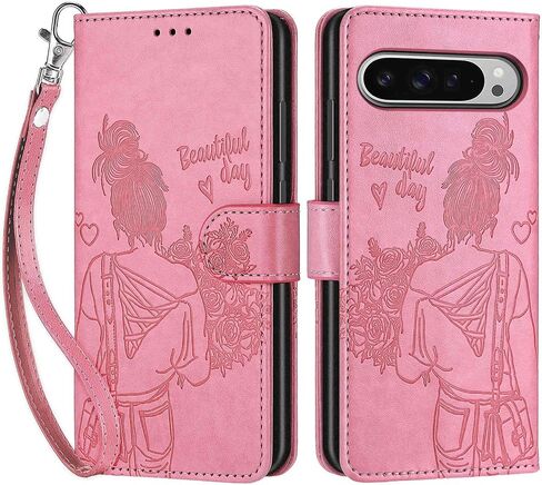 Designed for Google Pixel 9 Pro XL Case Wallet,Women Flip Folio Cover with Embossed PU Leather Stand Credit Card Holders Slots Wrist Strap Phone Case for Pixel 9 Pro XL 6.8 inch (Pink Girl) in Saudi Arabia