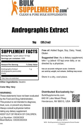 BULKSUPPLEMENTS.COM Andrographis Extract Powder - Andrographis Paniculata - Herbal Supplement - Immune Support Supplement - 1000mg per Serving, 250 Servings (250 Grams - 8.8 oz) in Kuwait