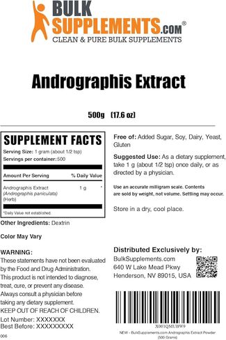 bulksupplements.com مسحوق مستخلص اندروغرافيس (اندروغرافيس بانيكولاتا) - مستخلص عشبة شيريتا الخضراء لصحة المناعة والعين - 1000 مجم لكل حصة (250 غرام - 8.8 اونصة) in Kuwait