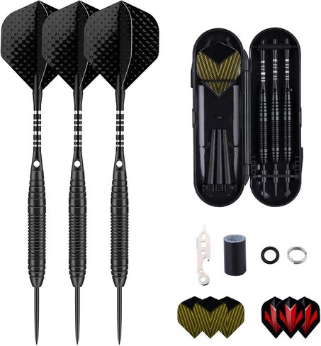 مجموعة رؤوس معدنية للسهام - 3 عبوات احترافية بوزن 22 جرامًا من السهام ذات الأطراف الفولاذية مع حقيبة رفيعة باللون الأسود والأرجواني والأزرق وأعمدة ألومنيوم 9 رحلات جوية و50 حلقة مطاطية ومبراة سهام واحدة و12 حلقة زنبركية in Kuwait