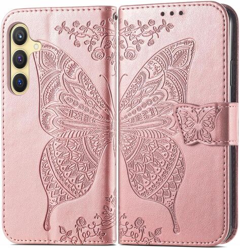 MEUPZZK for Samsung Galaxy S24+ Plus 5G Wallet Case, Embossed Butterfly Premium PU Leather [Kickstand] [Card Slots] [Wrist Strap] [6.7 inch] Phone Cover for Samsung S24 Plus (A-Rose) in Saudi Arabia
