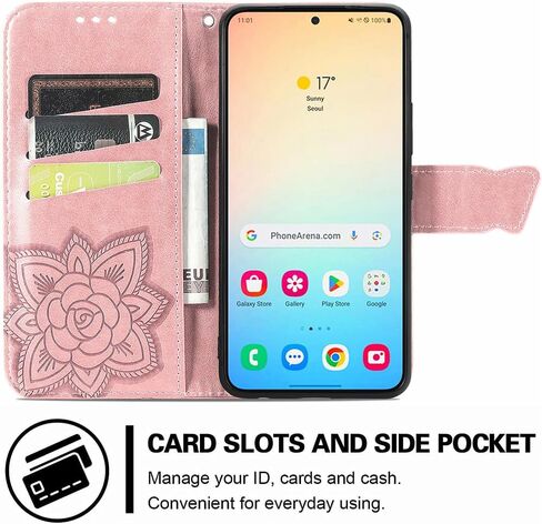 MEUPZZK for Samsung Galaxy S24+ Plus 5G Wallet Case, Embossed Butterfly Premium PU Leather [Kickstand] [Card Slots] [Wrist Strap] [6.7 inch] Phone Cover for Samsung S24 Plus (A-Rose) in Saudi Arabia