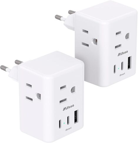 2 Pack European Travel Plug Adapter, International Power Plug Adapter with 3 Outlets 3 USB Charging Ports(2 USB C), Type C Plug Adapter Travel Essentials to Most Europe EU Spain Italy France Germany in Kuwait