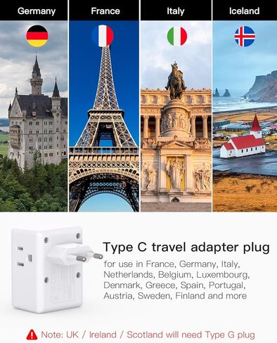 2 Pack European Travel Plug Adapter, International Power Plug Adapter with 3 Outlets 3 USB Charging Ports(2 USB C), Type C Plug Adapter Travel Essentials to Most Europe EU Spain Italy France Germany in Kuwait