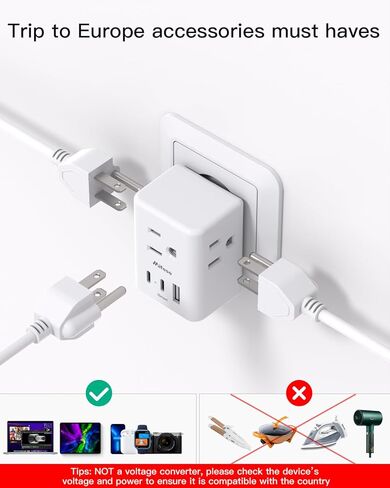 2 Pack European Travel Plug Adapter, International Power Plug Adapter with 3 Outlets 3 USB Charging Ports(2 USB C), Type C Plug Adapter Travel Essentials to Most Europe EU Spain Italy France Germany in Kuwait