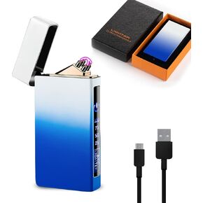 GADATOP Windproof Lighter Outdoor, Dual Arc Electric Lighter Colorful Gradient Lighter Rechargeable USB Lighter Flameless Plasma Lighter with Rhythmic Flashing Battery Indicator (Blue)