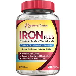 Doctor's Recipes Iron 65 mg Carbonyl Iron with Vitamin C, Maximized Absorption Easy on The Stomach, Red Cells Formation, Blood, Heart, Brain, Muscle & Immunity Health, Vegan Non-GMO 60 Tablets