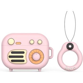 Compatible with Retro Radio AirPods Pro Case, Protective Silicone Skin, Gramophone, Funny Kawaii Cute Fashion Cartoon 3D Cover for AirPods Pro with Ring (Pink)