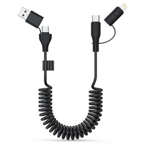 كبل البرق المملح 60W ، كابل شحن سريع 4-in-1 USB C [Carplay & Android Auto] سلك شاحن سيارة قابل للسحب مع Lightning/Type C/USB منافذ متعددة لأجهزة iPhone ، iPads ، MacBooks ، إلخ-4ft ، أسود