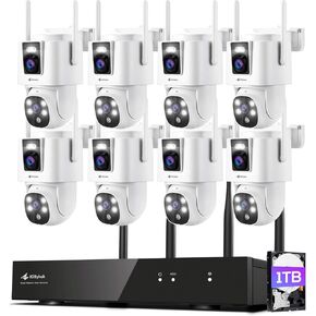 Kittyhok Dual Lens Wireless Security Camera System, 8pcs 2K Outdoor Camera with 2.4/5GHz WiFi, Pan & Tilt, Auto Tracking, Human Detection, Color Night Vision, 16CH WiFi 6 NVR, KWDP164 Bundle with CDP2