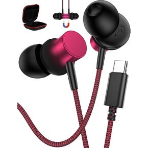 USB C Earbuds for Samsung Galaxy S25 Ultra S24 S23 FE S22 S21 Plus in Ear Noise Canceling HiFi Bass Stereo Android Headphones Nylon Braided Wired Earphones with Mic Headset for iPhone 16e iPad A16 11"