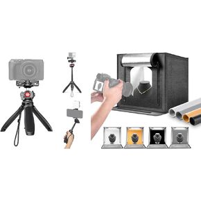 NEEWER TP38 Phone Camera Tripod, 15" Extendable Selfie Stick Metal Tripod Stand with Action Camera Adapter Compatible with Hero 12 11 10 9, Travel Tripod for Vlogging, LP40 Studio Light Box Included