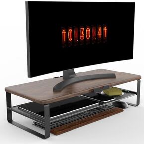 Monitor Stand for Desk, 2-Tier Monitor Stand Riser with Phone Holder and Cable Management - Desk TV Shelf, Laptop Printer, Desk Organizer Stand, for Home & Office (Wood Brown)
