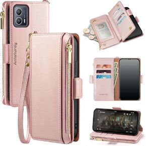 Antsturdy Compatible with Motorola Moto G 5G 2023 Wallet Case with Card Holder,Women Men PU Leather Flip RFID Blocking Stand Wrist Strap Zipper Credit Card Slots Shockproof Phone Cover,Black