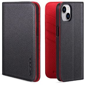 VISOUL Pebbled Leather Case for iPhone 14 Plus, Real Leather Wallet Folio Case with Card Holder Kickstand Magnetic Flip Cover Compatible with iPhone 14 Plus (6.7")-Black+Red