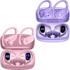 BMANI 2 مجموعات سماعات الأذن اللاسلكية سماعات Bluetooth 48 ساعة تلعب سماعات رياضية مع عرض LED Over-Ear مع سماعات ميكروفون مدمجة في Earhooks للتمرين الوردي+الأرجواني