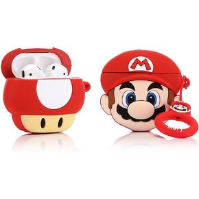 (2 Pack) BGAANM Cute Airpods 1/2 Case Silicone Cover with Keychain, Cartoon Skin Design Headphones Charging Case Protective Cover Accessories Kits Compatible for Airpods 1 and 2 (Mario+Mushrooms)