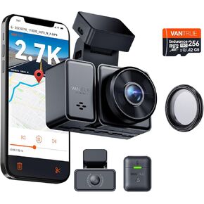[ Bundle 3 Items: Vantrue E2 2.7K Dash Cam + Vantrue 256GB SD Card + CPL Filter ] 2.7K + 2.7K Dash Cam Front and Rear, Buffered Parking Mode, Night Vision, GPS, Voice Control
