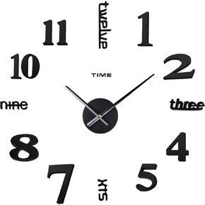 3D DIY Wall Clock Decor Sticker Mirror Frameless Large DIY Wall Clock Kit for Home Living Room Bedroom Office Decoration (Black)