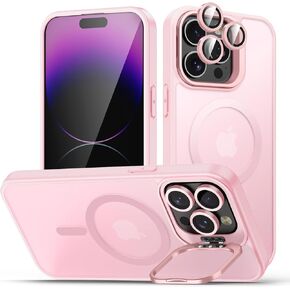 for iPhone 14 Pro Case, Compatible with MagSafe, Built-in Camera Ring Stand, with Individual Camera Cover, Translucent Matte Military-Grade Drop Protection Magnetic Case, Purple