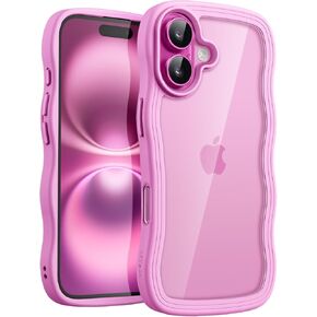 JETech Wavy Case for iPhone 16 6.1-Inch, Cute Wave Frame Curly Shape Shockproof Phone Cover for Women and Girls, Clear Hard PC Back (Pink)