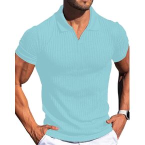 Mens V Neck Muscle Polo Shirts Slim Fit Short Sleeve Ribbed Polo T Shirt Stretch Golf Tees