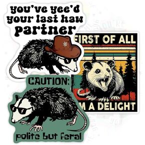 Set 3PCS 2 Inches - Polite But Feral Possum Sticker Meme Funny Opossum Possum Trash Can 2" Waterproof Vinyl Decal for Water Bottles, Tumbler, Laptop, Hard Hat, Car - Gifts for Kid, Girl, Boy