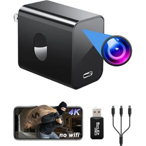 4K Hidden Camera Charger, Spy Camera Charger, Nanny Cam Hidden Camera with 160° Wide Angle, Night Version, Motion Detection, Body Cam for Home Security（no WiFi/Remote