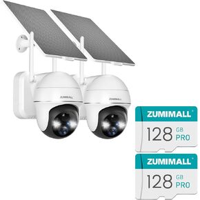ZUMIMALL Security Cameras Wireless Outdoor - 2 Packs, 360°View Outdoor Camera Wireless Solar Powered,2.4G WiFi, 128GB SD Card for Security Cameras