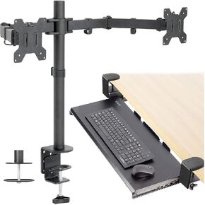 VIVO Dual 13 to 27 inch LCD Monitor Mount and Under Desk C-clamp 27 x 11 Keyboard Tray Kit, Heavy Duty, Fully Adjustable Stand and Slide-Out Platform (Bundle)