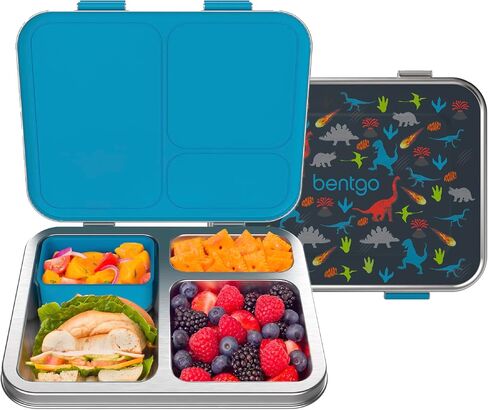 صندوق غداء Bentgo® Kids مصنوع من الفولاذ المقاوم للصدأ ومقاوم للتسرب - على طراز بينتو مع مزالج محدثة، 3 مقصورات وحاوية إضافية - صديق للبيئة، آمن للاستخدام في غسالة الأطباق، خالي من مادة BPA (سمك القرش) in Kuwait
