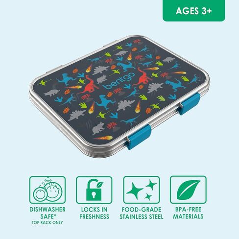 صندوق غداء Bentgo® Kids مصنوع من الفولاذ المقاوم للصدأ ومقاوم للتسرب - على طراز بينتو مع مزالج محدثة، 3 مقصورات وحاوية إضافية - صديق للبيئة، آمن للاستخدام في غسالة الأطباق، خالي من مادة BPA (سمك القرش) in Kuwait