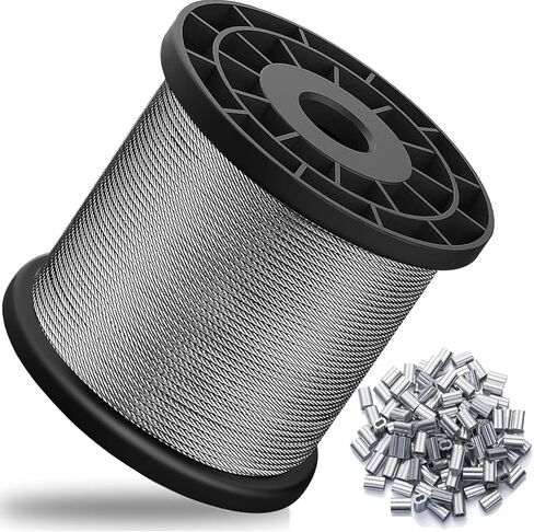 حبل سلكي، حبل سلكي 1/16 بوصة، كابل من الفولاذ المقاوم للصدأ بطول 100 قدم مع 50 قطعة أكمام مجعدة، قوة كسر 7 × 7 368 رطل لأسلاك الحديقة، كابل الطائرات (51، حبل سلكي 100 قدم + أكمام مجعدة 50) in Kuwait