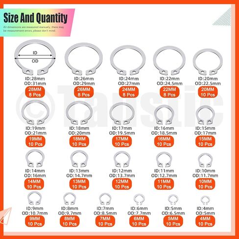 Tanstic 310Pcs C-clip External Retaining Rings Snap Rings Assortment Kit(M4-M28) + E-Clip E Clip Assortment(1.5mm-10mm) with Snap Ring Pliers and Tweezers in Kuwait