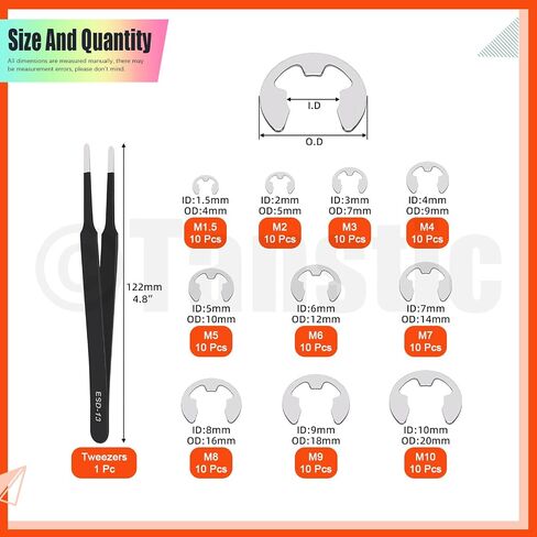 Tanstic 310Pcs C-clip External Retaining Rings Snap Rings Assortment Kit(M4-M28) + E-Clip E Clip Assortment(1.5mm-10mm) with Snap Ring Pliers and Tweezers in Kuwait